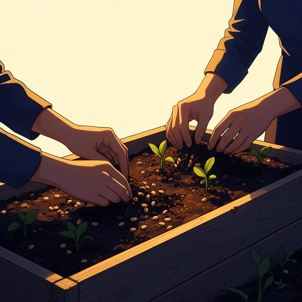 Hands planting and building a garden illustration