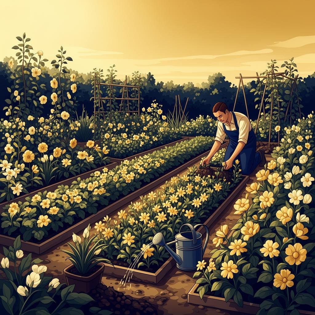 Flourishing garden being tended illustration